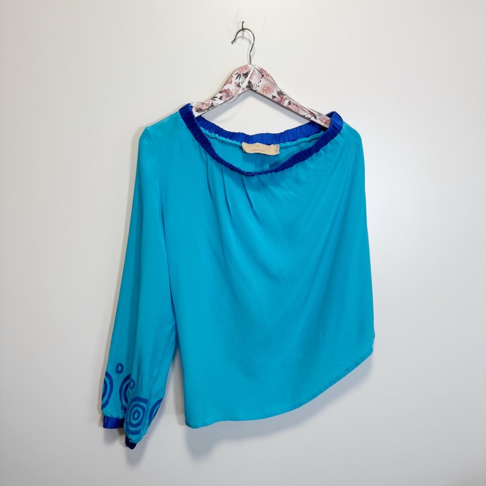 THEMIS Z Blue Silk One Shoulder Blouse Top Large / XL